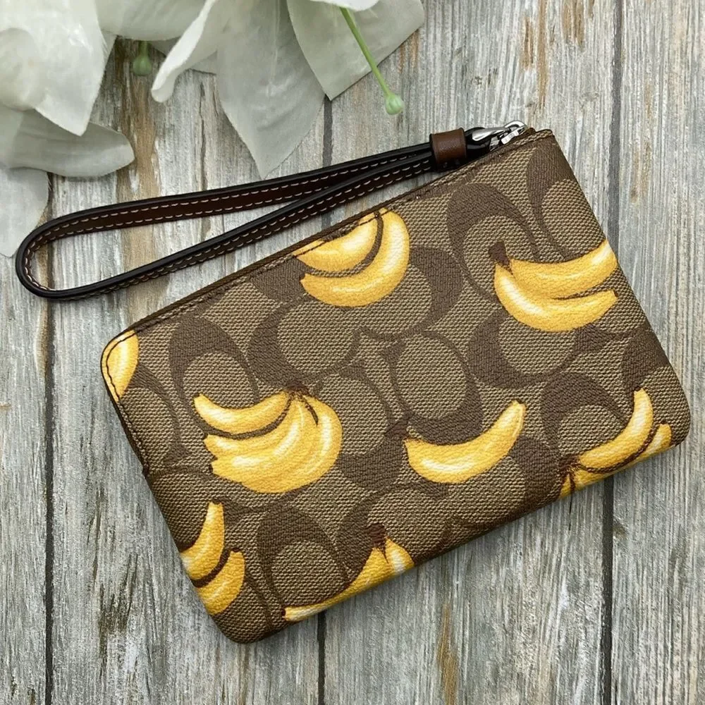 Coach Corner Zip Wristlet With Banana Print Bag Purse Wallet